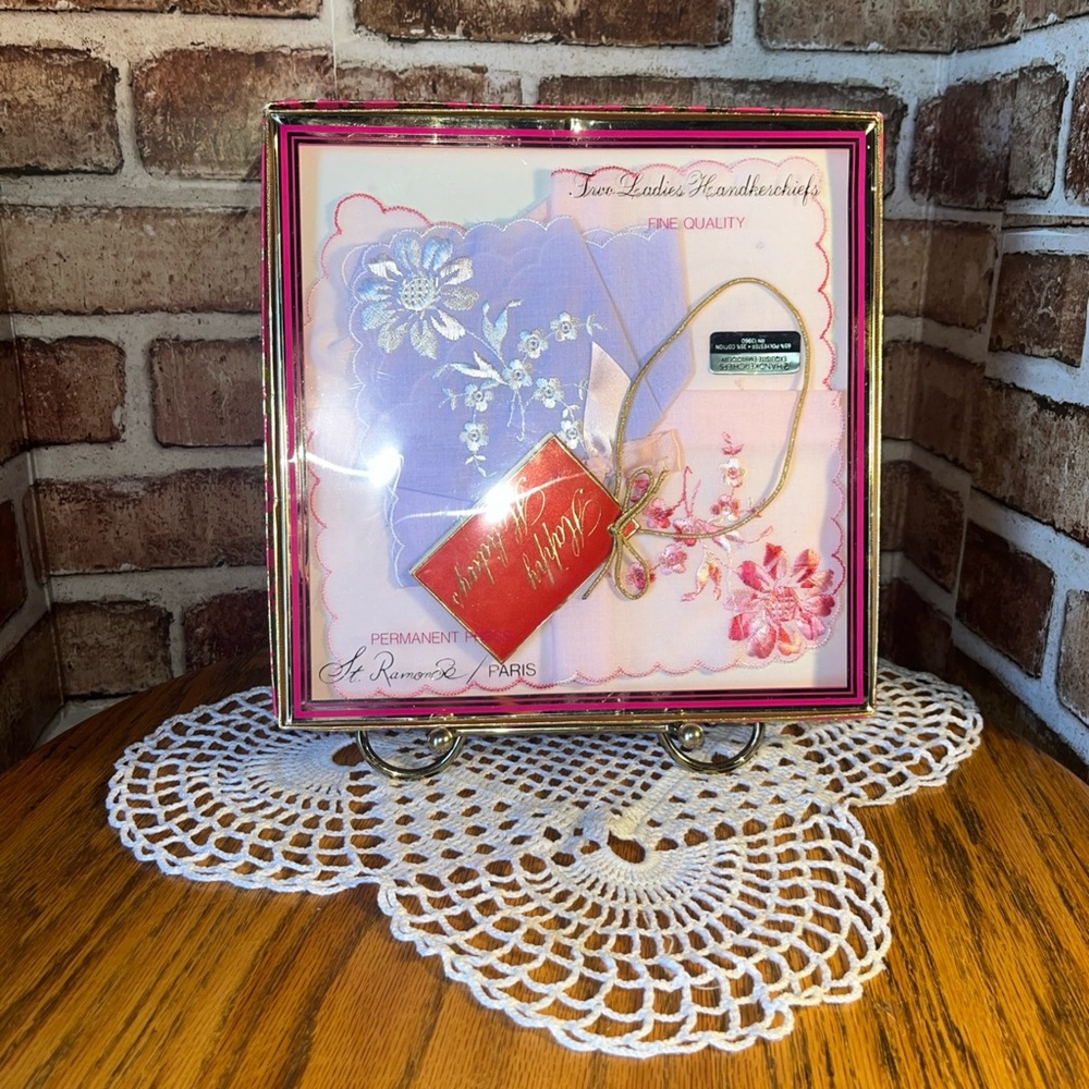 Vintage Boxed Set of 2 Fancy Embroidered Handkerchiefs St Ramonse Paris